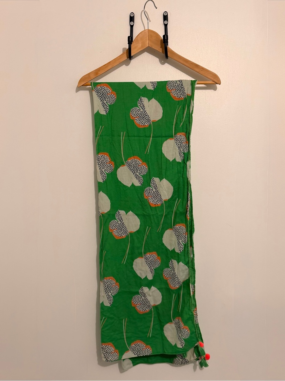 White Stuff - Green Printed Scarf with PomponTassel